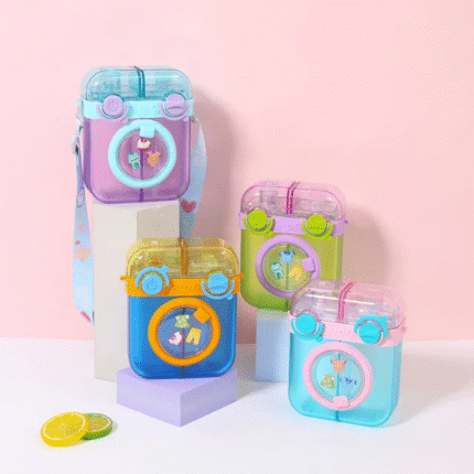 Creative Washing Machine Shaped Water Bottles with Straw,Leak Proof Cute Plastic Bottles with Adjustable Shoulder Strap, Juice Drinking Bottles for Outdoor Sports Travel