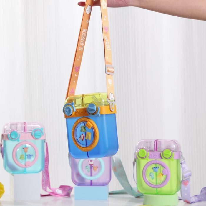 Creative Washing Machine Shaped Water Bottles with Straw,Leak Proof Cute Plastic Bottles with Adjustable Shoulder Strap, Juice Drinking Bottles for Outdoor Sports Travel - Image 7