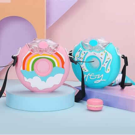 Doughnut Bottle, 380ML Cute Portable Silicone PC 145x145mm Water Bottle with Strap for Travel