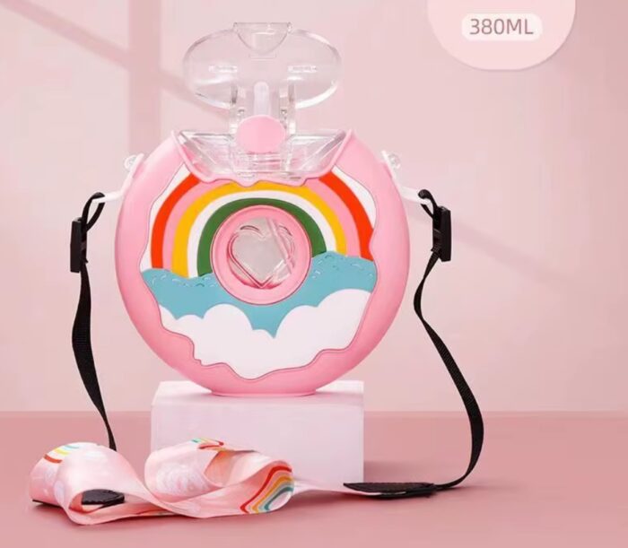 Doughnut Bottle, 380ML Cute Portable Silicone PC 145x145mm Water Bottle with Strap for Travel - Image 3